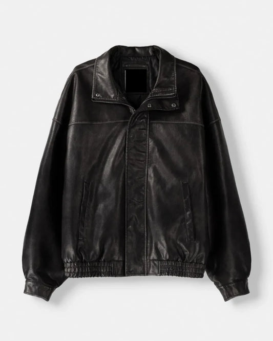 Distressed Leather Oversize Jacket Black