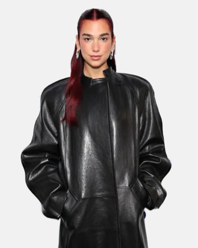 Dua Lipa Black Leather Long Coat