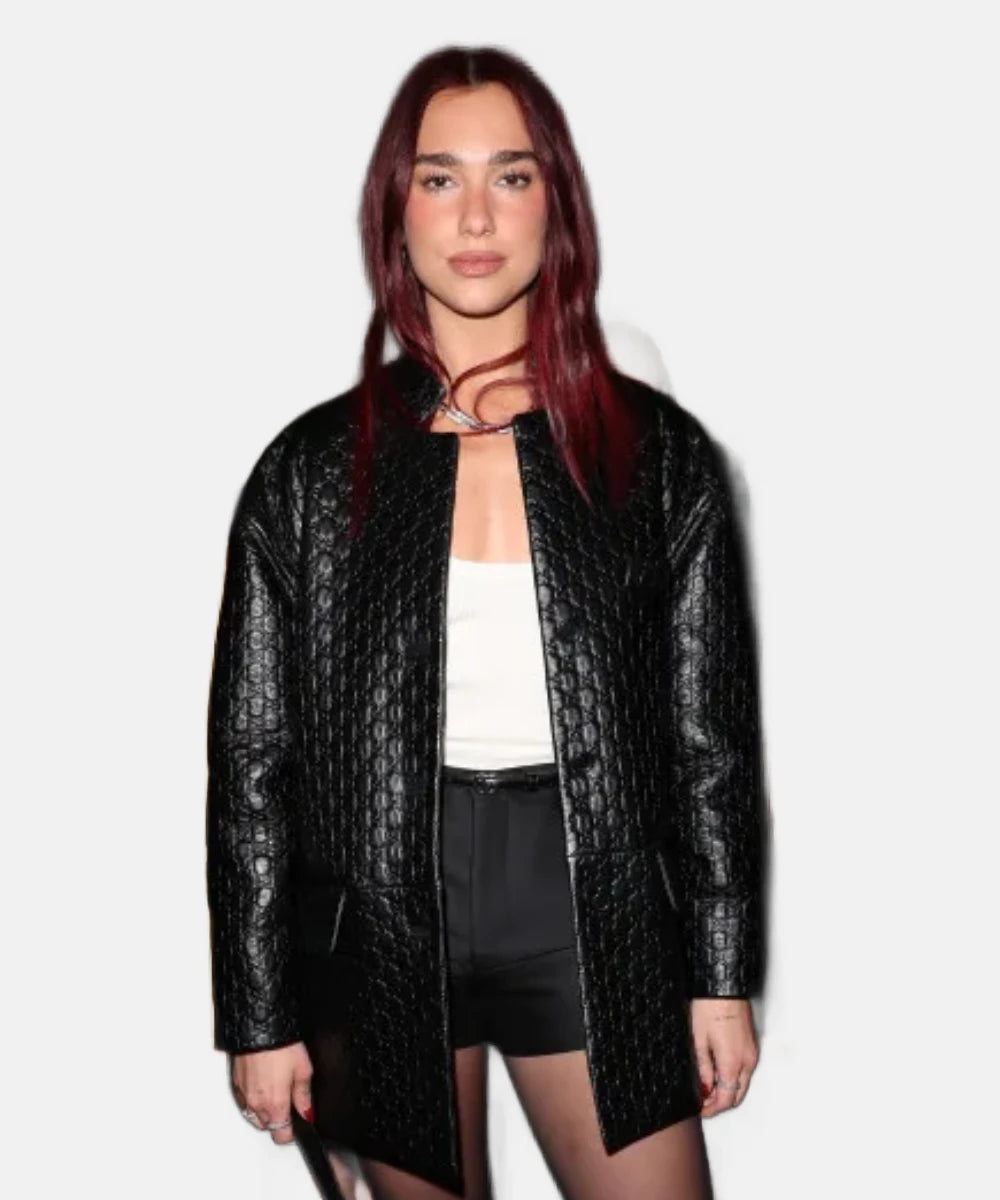 Dua Lipa Houndstooth-Pattern Gucci Black Leather Jacket