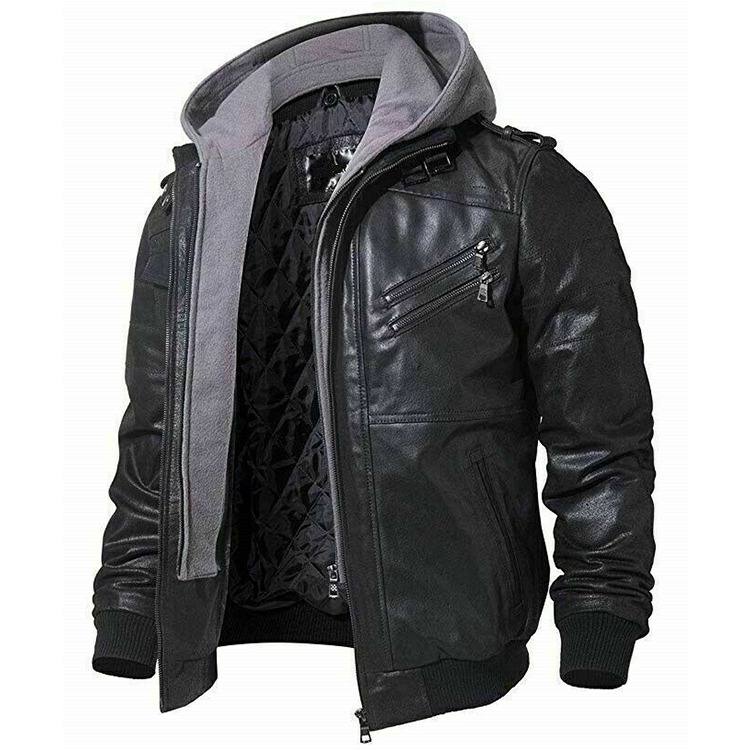 Men Black Biker Removable Hood Leather Jacket