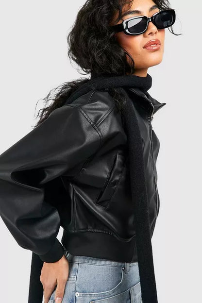 FemaleBlackCroppedLeatherBomberJacket