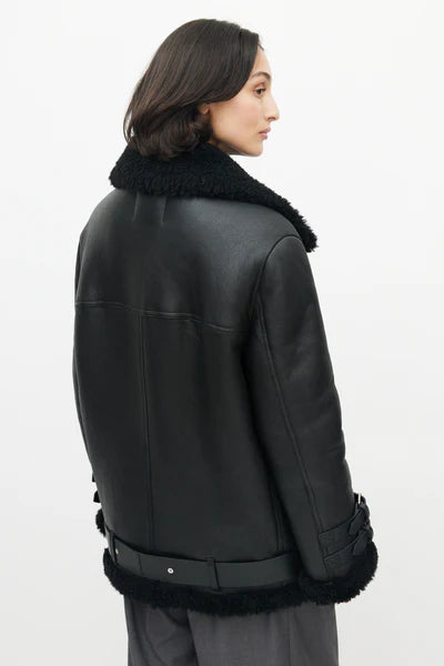 Fur Aviator Black SheepSkin Leather Shearling Jacket