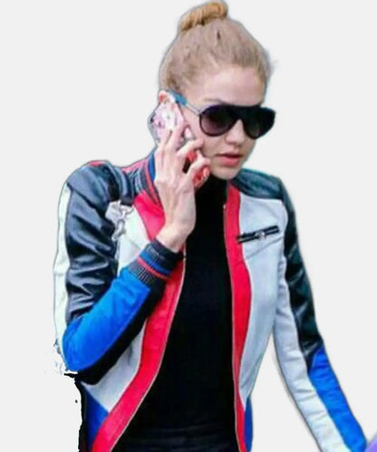 GigiHadidMultiColorBikerLeatherJacket