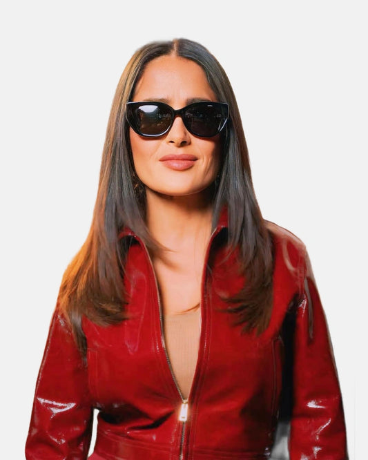 Salma Hayek Gucci's iconic&nbsp; Ancora Red Faux Crop Jacket