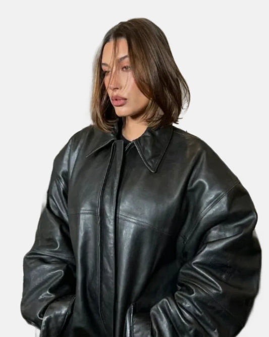 Hailey Bieber Coachella 2024 Black Leather Jacket