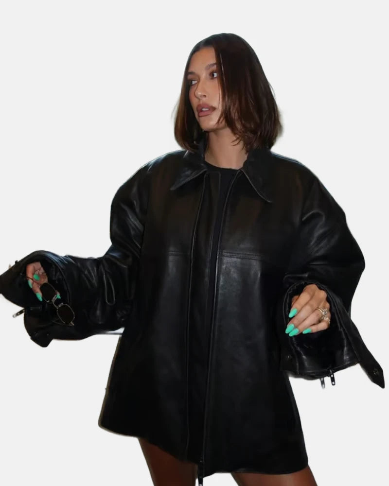 Hailey Bieber Coachella 2024 Comfort Looks Oversized Black Leather Jacket