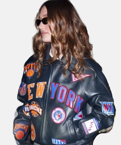 HaileyBieberNewYorkKnicksLeatherJacket