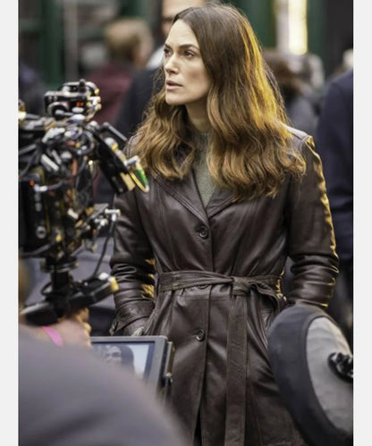 HelenWebbTVSeriesBlackDoves2024KeiraKnightleyBrownLongLeatherCoat