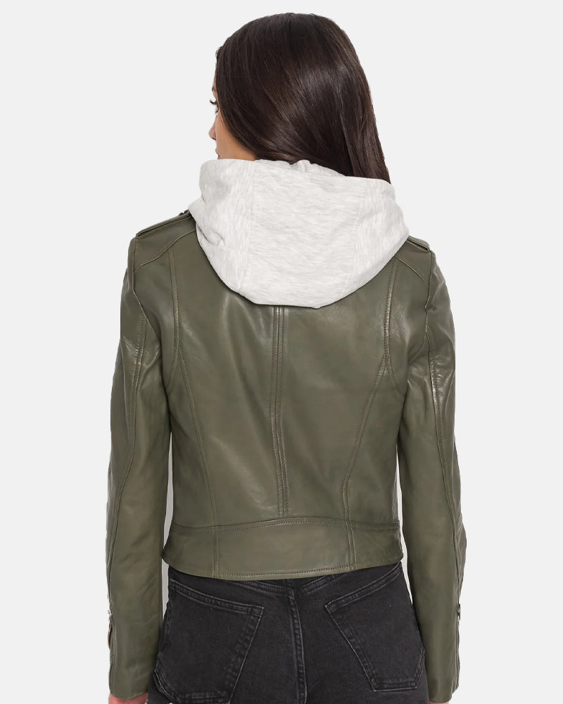 Holy Green Leather Removable Hooded Leather Jacket