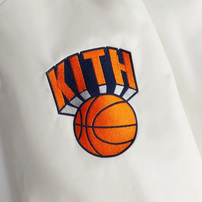 KITH New York Knicks Pinstripe OFFWhite Full-Snap Satin Bomber Jacket