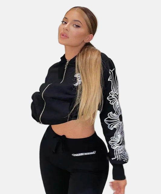 KylieJennerChromeHeartsBlackZipperFleeceHoodieForSales