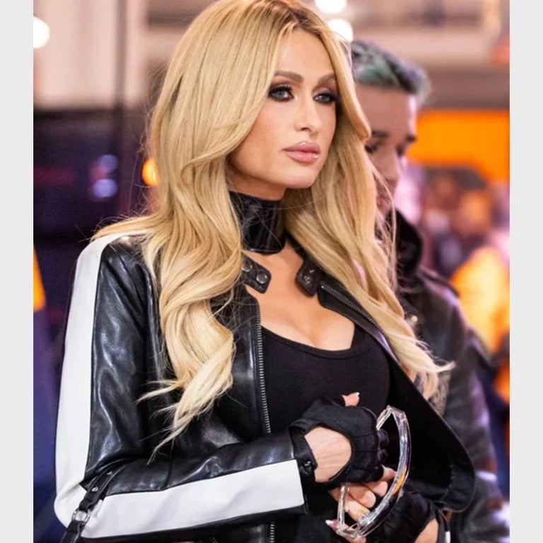 LasVegasGP2024ParisHiltonBlackLeatherJacket