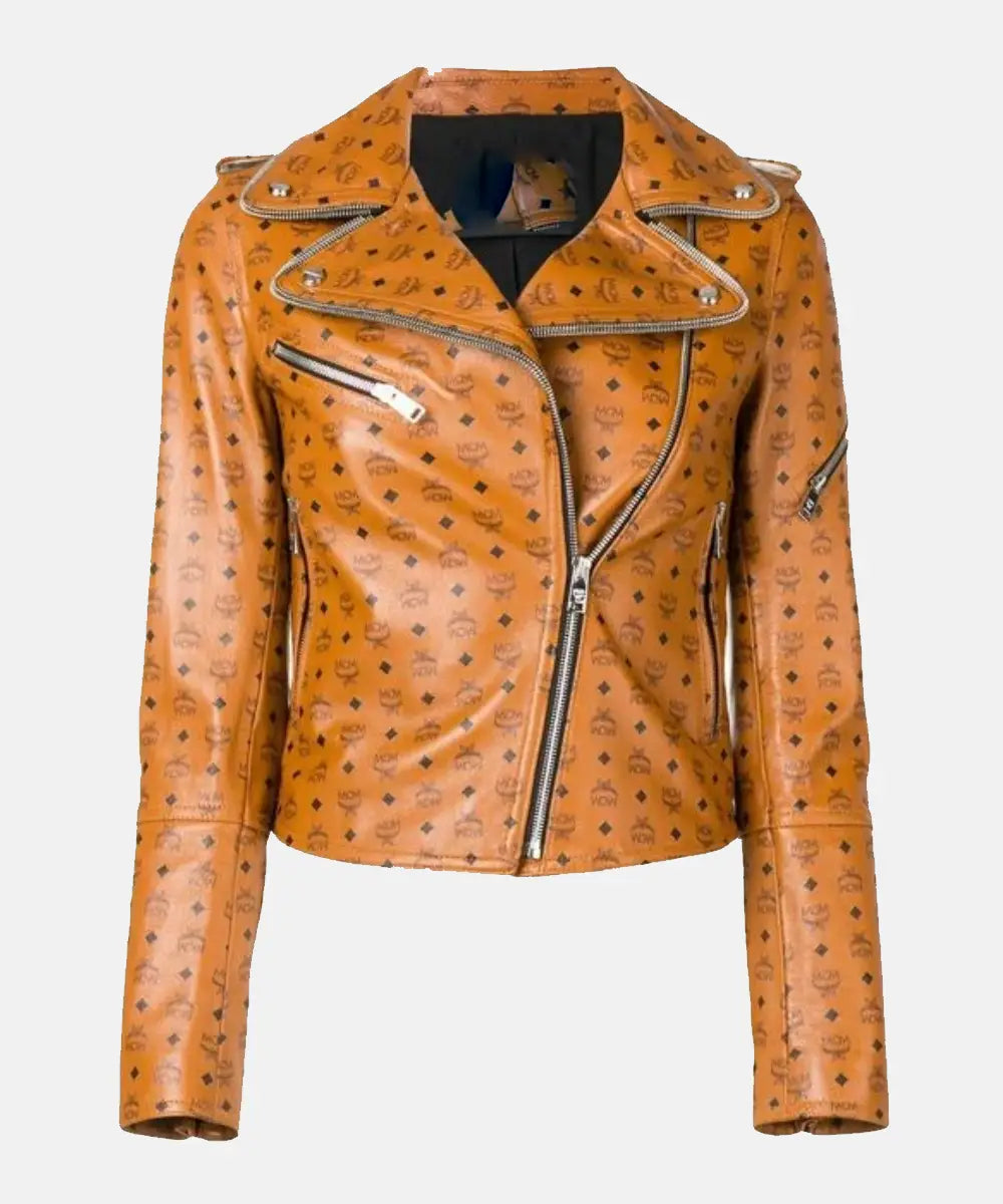 MCMWomen_sAllOverLogoBrownLeatherBikerJacket