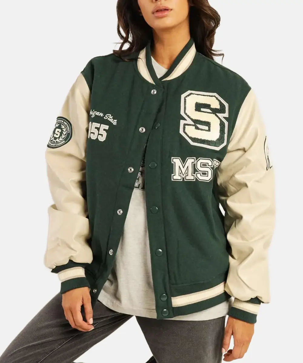 MSUMichiganStateUniversityWoolLeatherGreenLettermanVarsityJacket