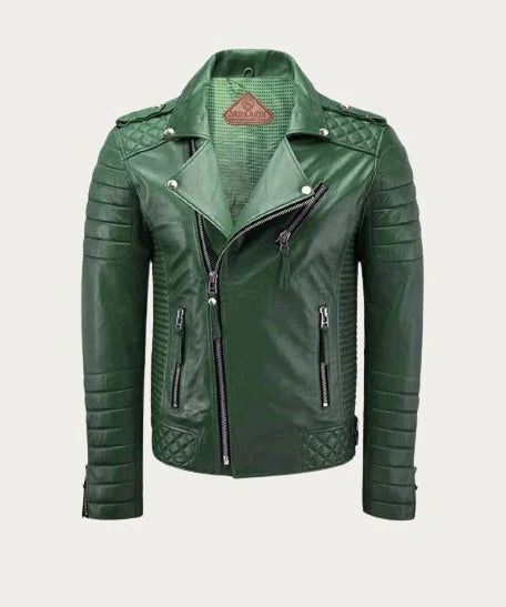 Men Green Leather Motorcycle Jacket