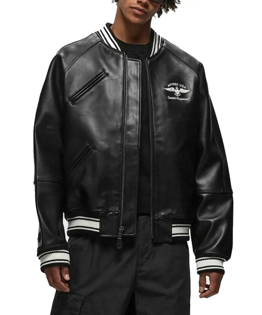 Men's Avirex Stadium Leather Bomber Jacket Black