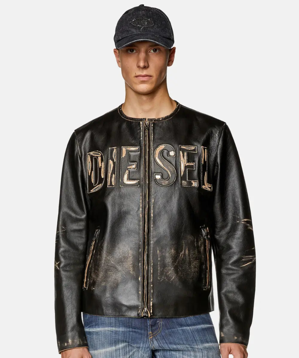 MensDiesel_nbsp_DistressedLeatherJacketwithmetallogo