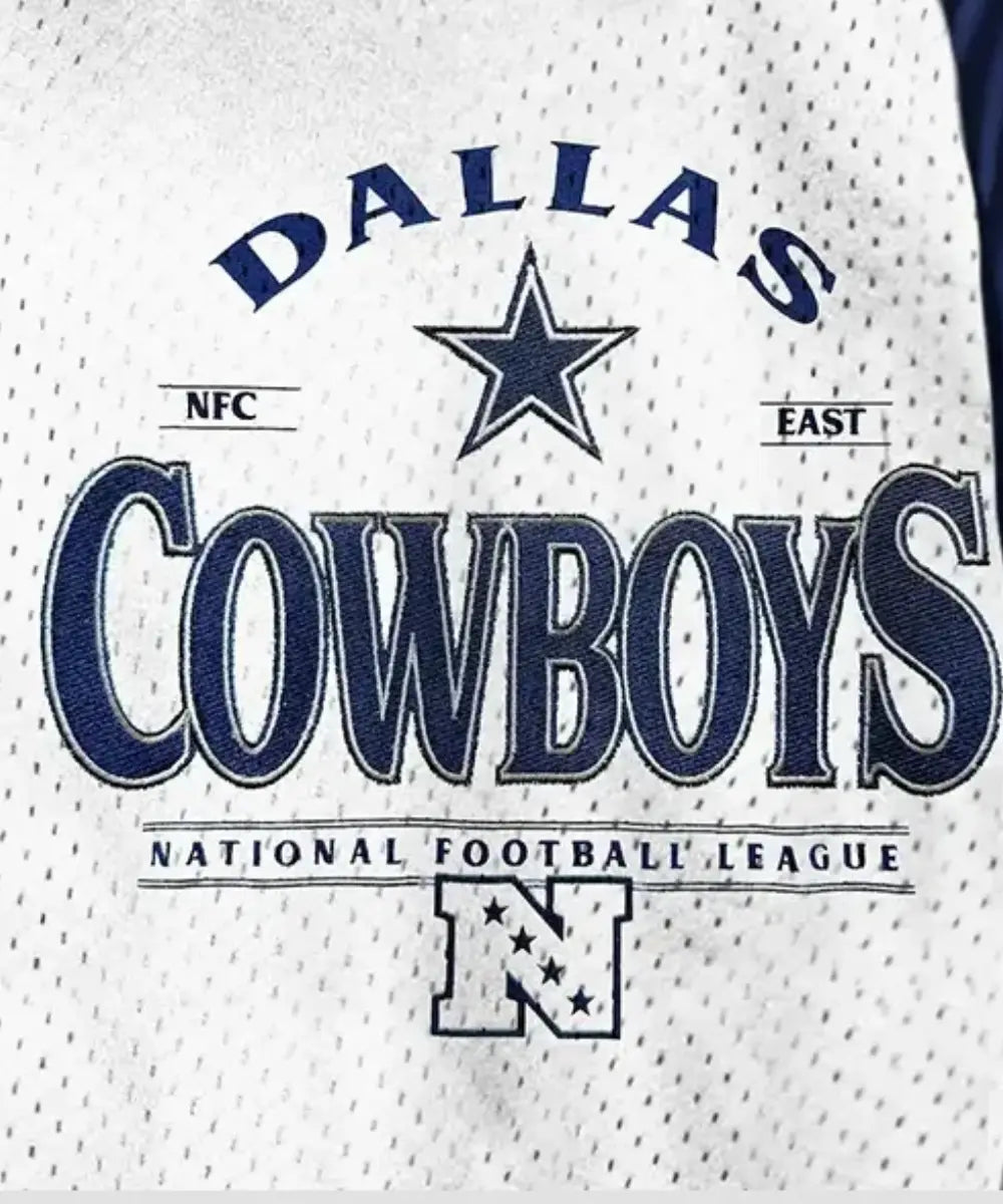 NFLDallasCowboysGamedayCoutureOversizedBlueandWhiteSatinVarsityBomberJacket