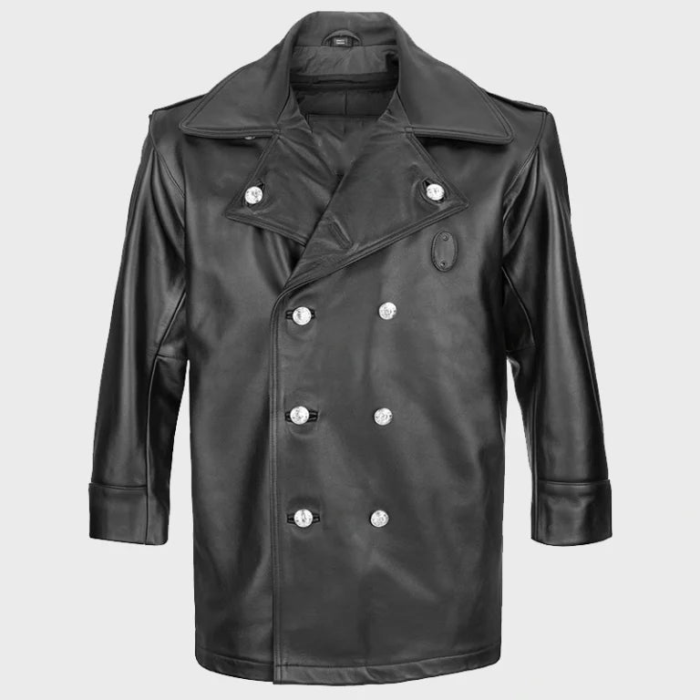 NYPD Double Breasted Cowhide Leather Long Jacket Black
