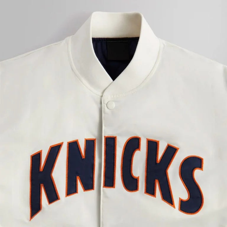 New York Knicks Pinstripe OFF White Satin Bomber Jacket