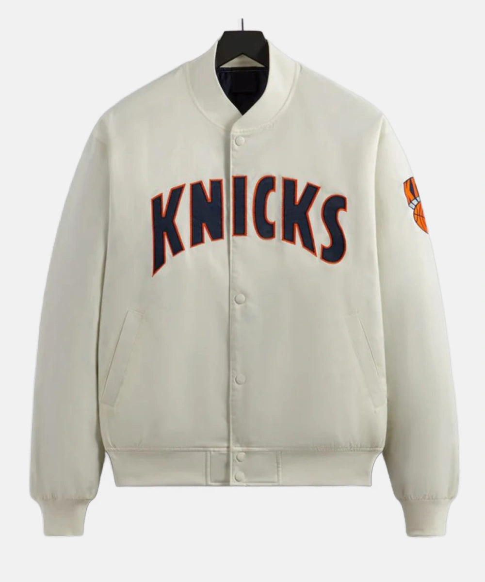 New York Knicks Pinstripe OFF&nbsp;White Full-Snap Satin Bomber Jacket