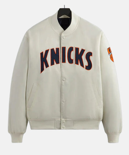 New York Knicks Pinstripe OFF&nbsp;White Full-Snap Satin Bomber Jacket