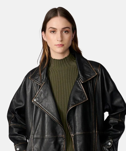 Oversized Moto Black Leather Jacket