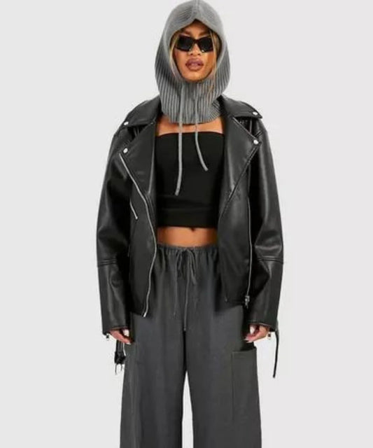 Oversized_Women_Beltd Black Motorcycle Leather Jacket
