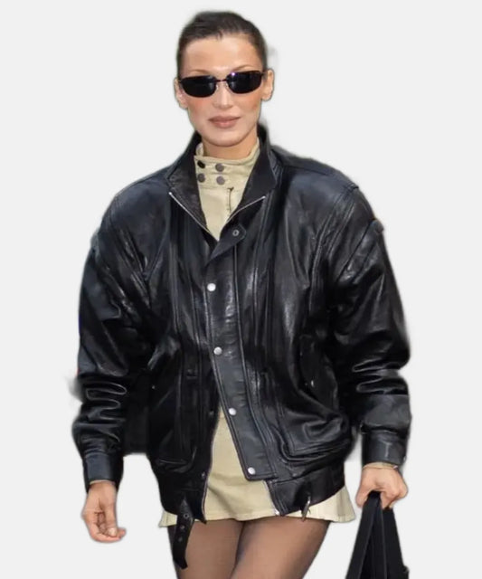 ParisFashionWeek2024_nbsp_BellaHadidBlackLeatherMotoOversizedBomberJacket