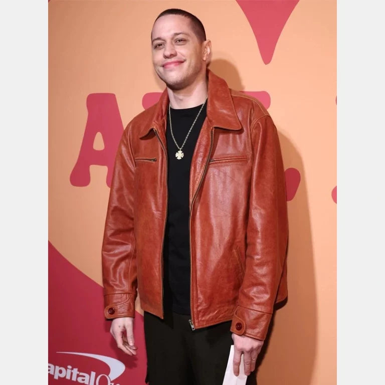 American comedian and actor Pete Davidson Brown Leather Jacket