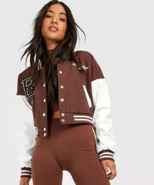 Petite Contrast Badge Crop Varsity Jacket