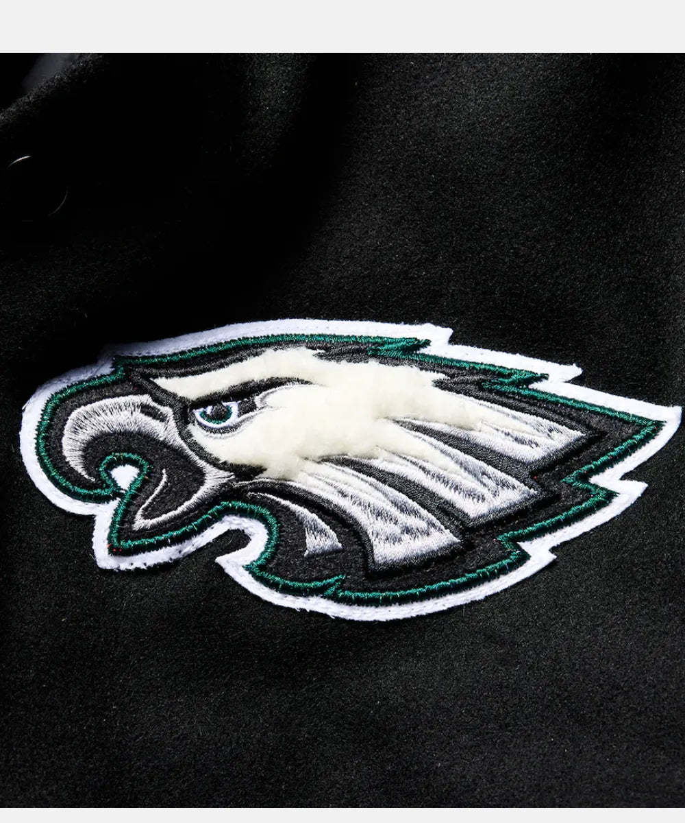 PhiladelphiaEaglesFanaticsBlackSuperBowlLIXChampionsLimitedEditionFull-SnapVarsityJacketDesignedbyBMIKE