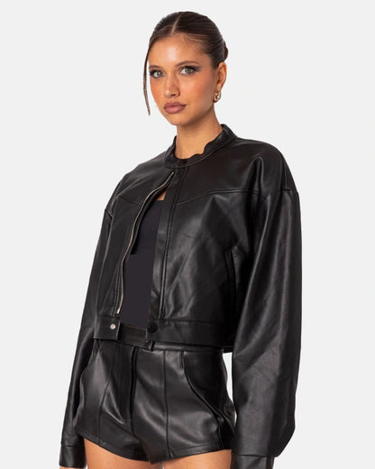 Ramona Black Faux Leather Cropped Biker Jacket