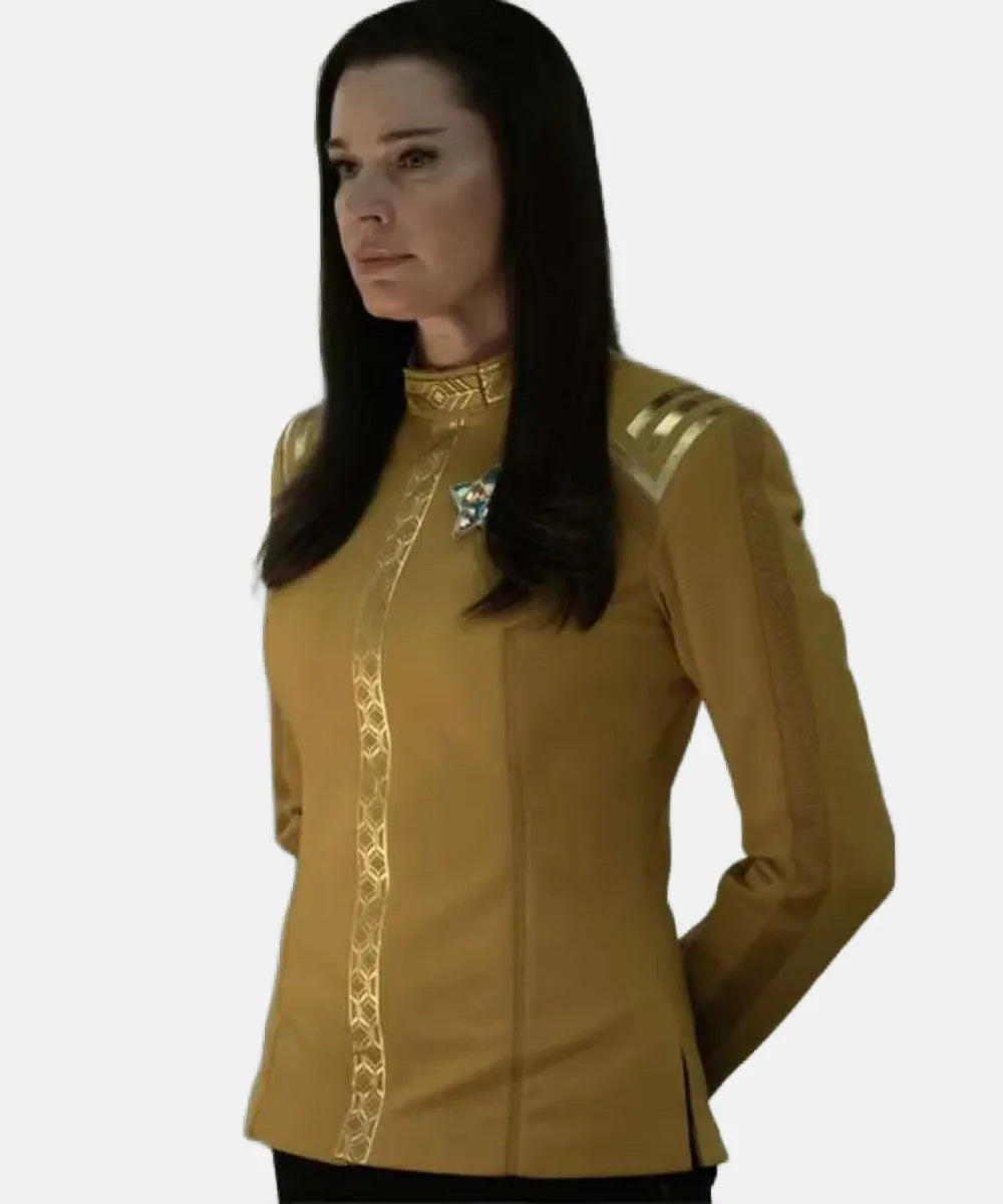 RebeccaRomijnStarTrekStrangeNewWorldsUnaChin-RileyYellowLeatherCostumeJacket