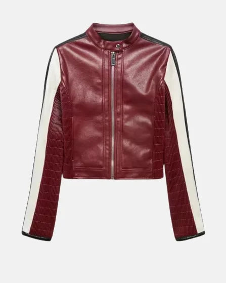 Red Cherry Crop Leather Biker Mango Jacket