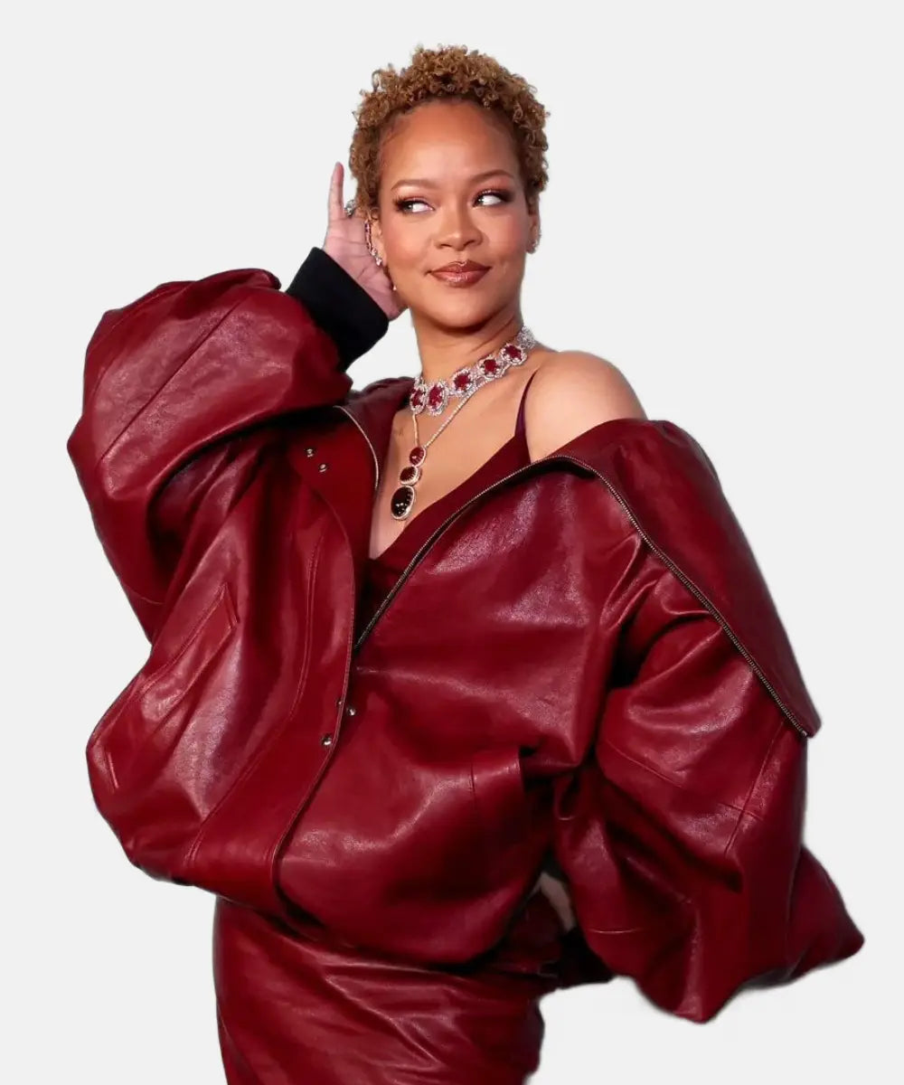 RihannaFentyHairLosAngelesLaunchPartyPremiumRedOversizedLeatherJacket