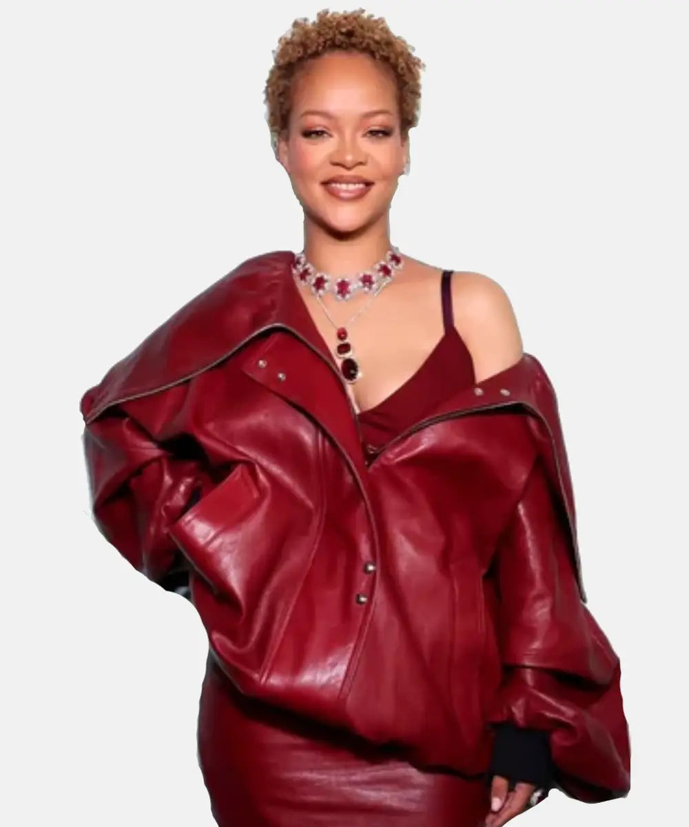 RihannaFentyHairLosAngelesLaunchPartyRedOversizedLeatherJacket