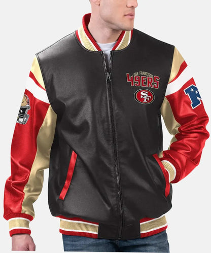 SanFrancisco49ersFull-ZipBlackLeatherVarsityJacket