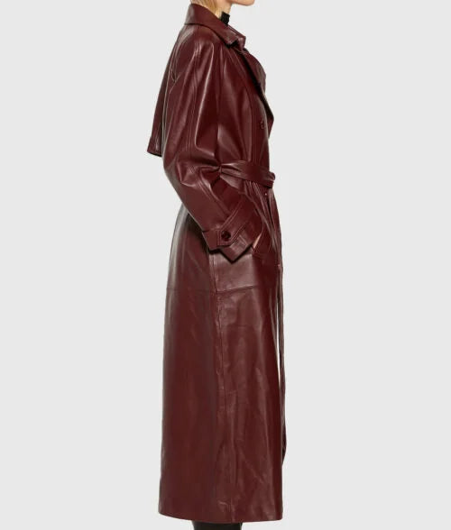 Selena Gomez Kick game Maroon Leather Trench Coat