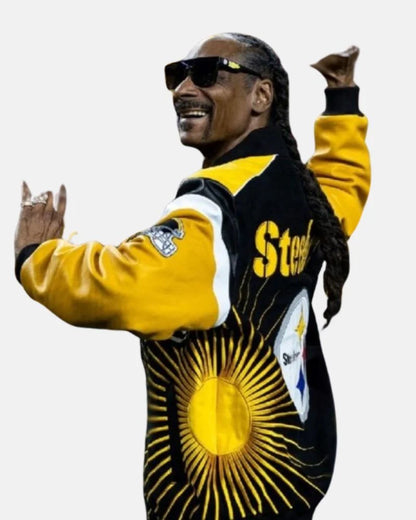 ShopSundayNightFootballSnoopDoggPittsburghSteelersBlackYellowVarsityBomberJacket