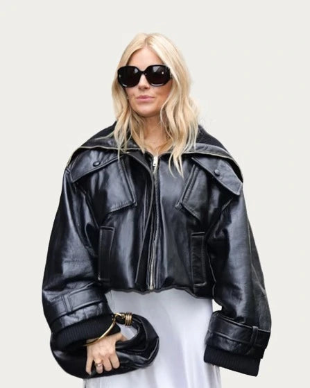 Sienna Miller Paris Fashion Enormous Crop Leather Jacket