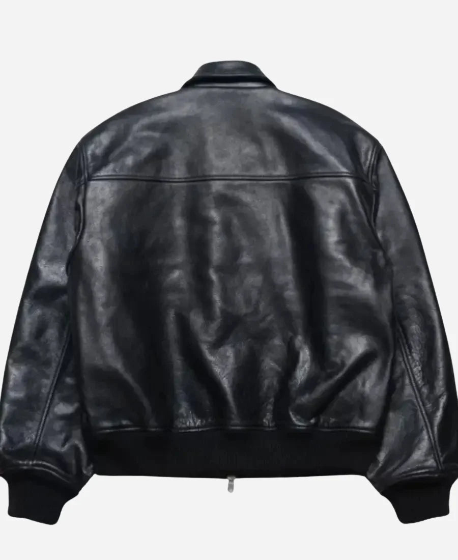 StussyFlightLeatherBlackBomberJacket