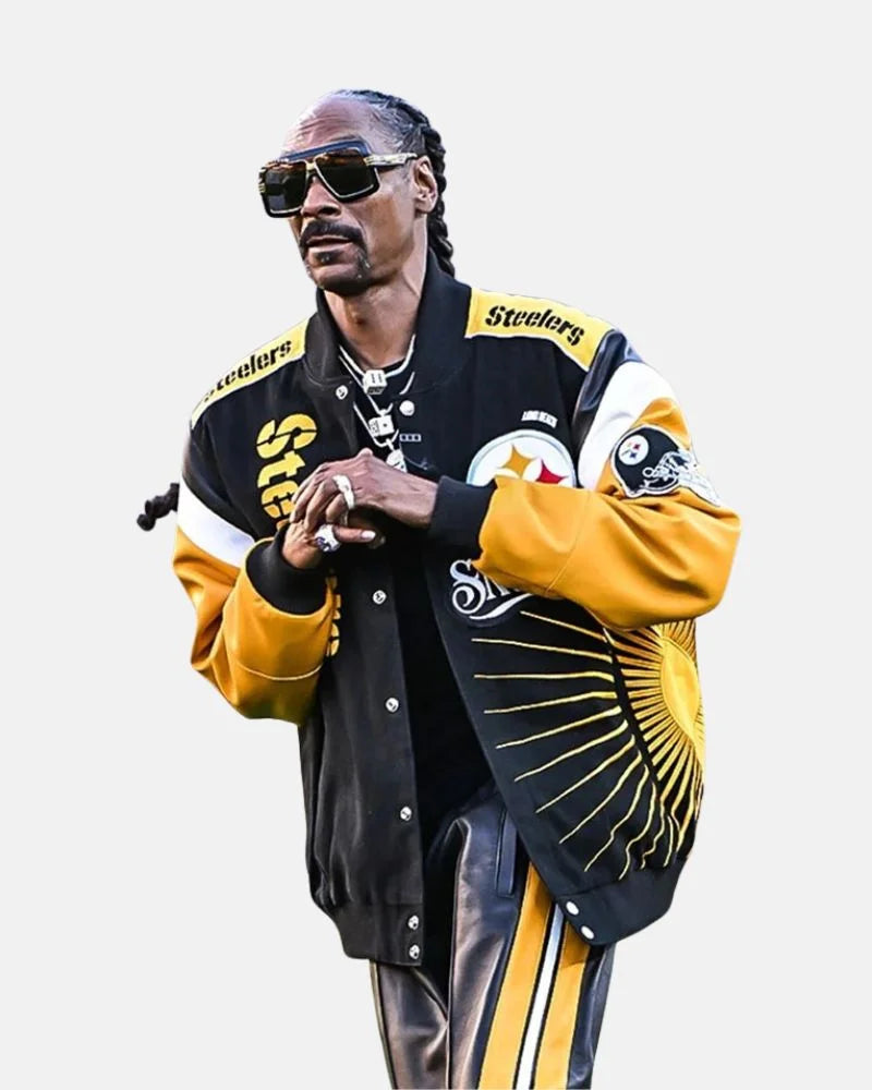 SundayNightFootballSnoopDoggPittsburghSteelersBlackYellowVarsityBomberJacket