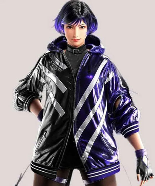 Tekken8ReinaBlackandPurpleLeatherHoodedBomberJacket