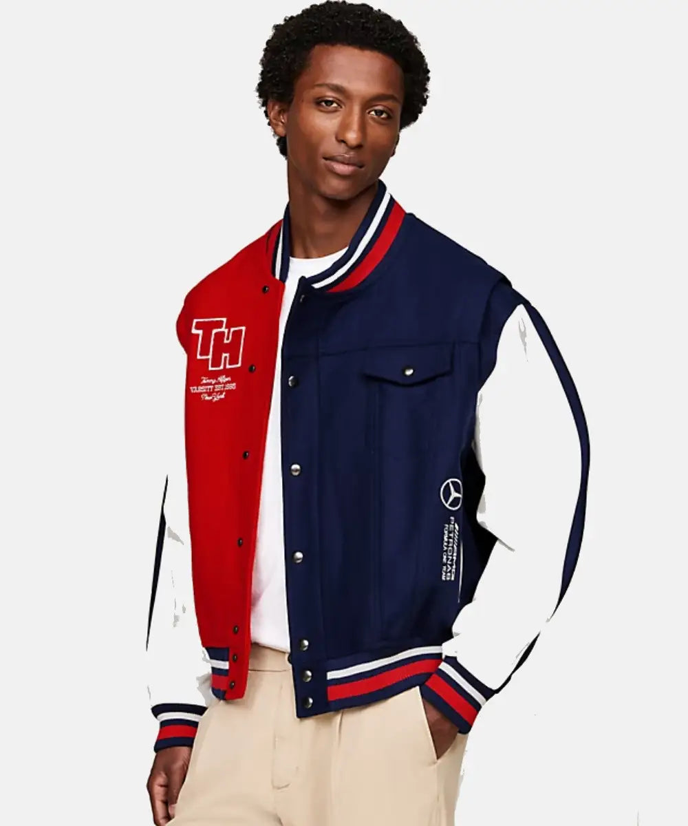  TommyxMercedesF1xCRBackLogoVarsityBomberJacket