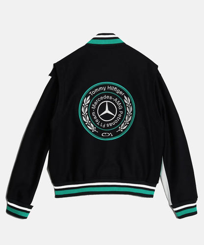 TommyxMercedesF1xCRBlackLogoVarsityBomberJacketForMenandWomen