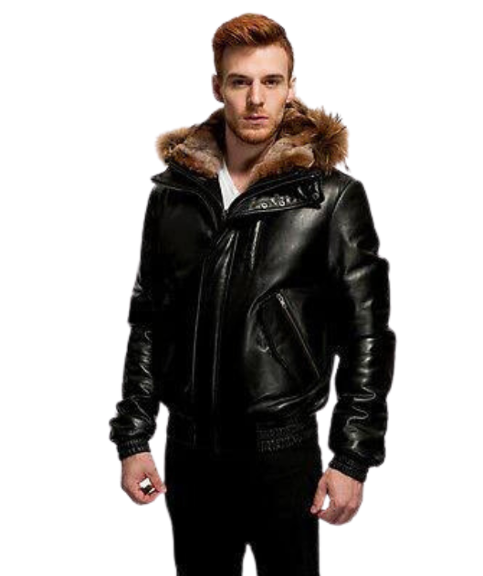 Men Black Bomber Hooded Leather Jacket
