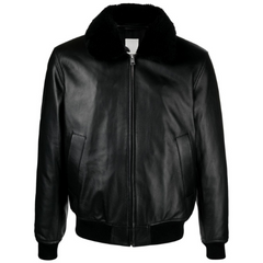 Men Black fur collar Leather Jacket