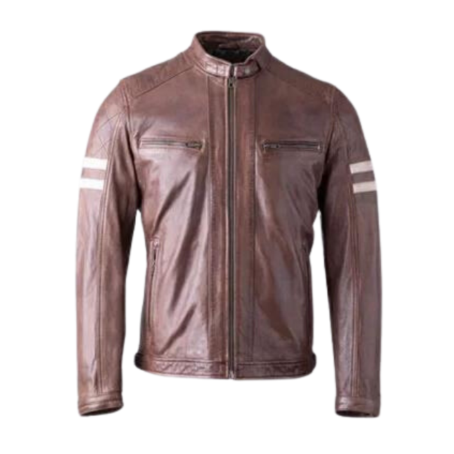 Men Brown Biker Leather Jacket with Cream Stripes