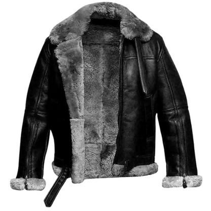 Men Black Aviator Zippered Fur Collar Leather Jacket